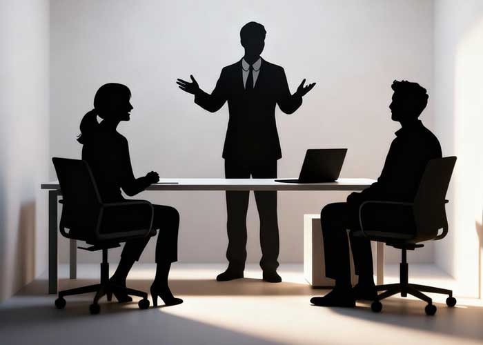 Drei silhouettierte Figuren in einer B&uuml;roumgebung: eine steht und gestikuliert, w&auml;hrend zwei einander gegen&uuml;ber an einem Tisch mit einem Laptop sitzen, was auf eine Gesch&auml;ftsbesprechung zur Analyse von Anforderungen oder zur Beratung hindeutet.