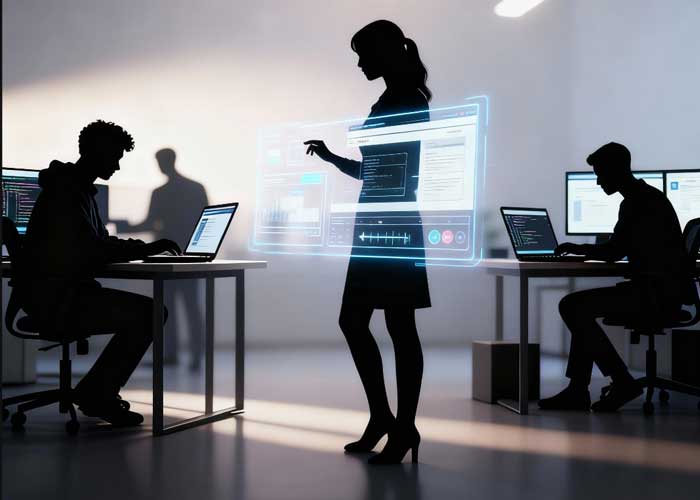 Eine silhouettierte Frau steht vor einem gro&szlig;en, transparenten digitalen Bildschirm, w&auml;hrend Frontend- und Backend-Entwickler mit Laptops an Schreibtischen zu beiden Seiten von ihr in einer modernen, hochtechnologischen B&uuml;roumgebung arbeiten.