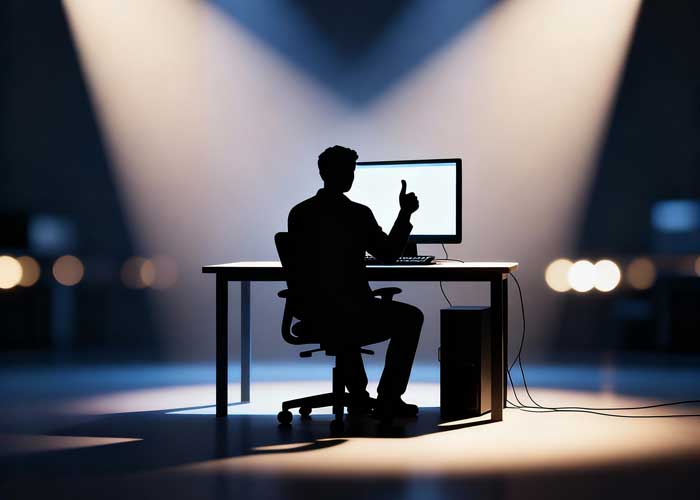 Eine Person sitzt an einem Schreibtisch vor einem Computer und zeigt den Daumen nach oben, nachdem sie die Qualit&auml;t einer neuen Website getestet hat. Die Szene ist beleuchtet mit Scheinwerfern, die die Person hervorheben.